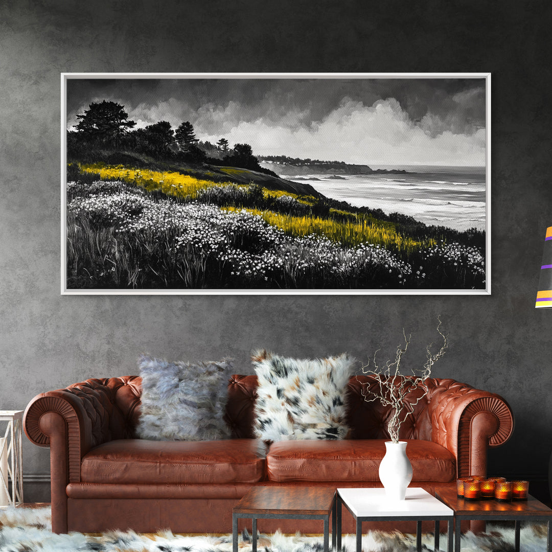 Coastal Meadow, Floral Landscape, Beach Painting, Black and White Art, Nature Wall Decor, Minimalist Art, Framed Canvas Print, Gift Idea