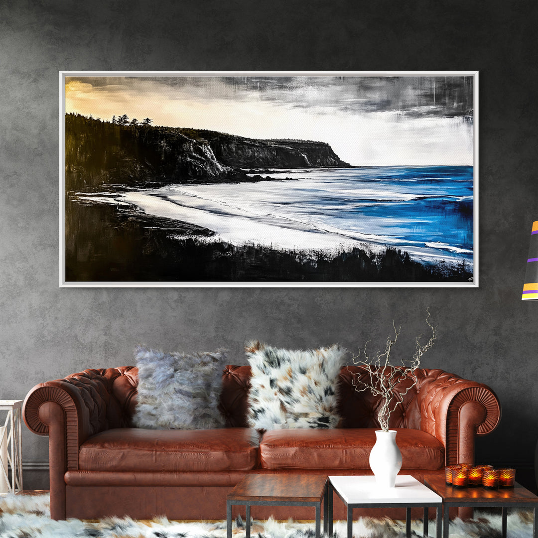 Cliffside Coast, Dramatic Seascape, Black and White Landscape, Ocean View, Modern Art, Living Room Decor, Framed Canvas Print, Coastal Home