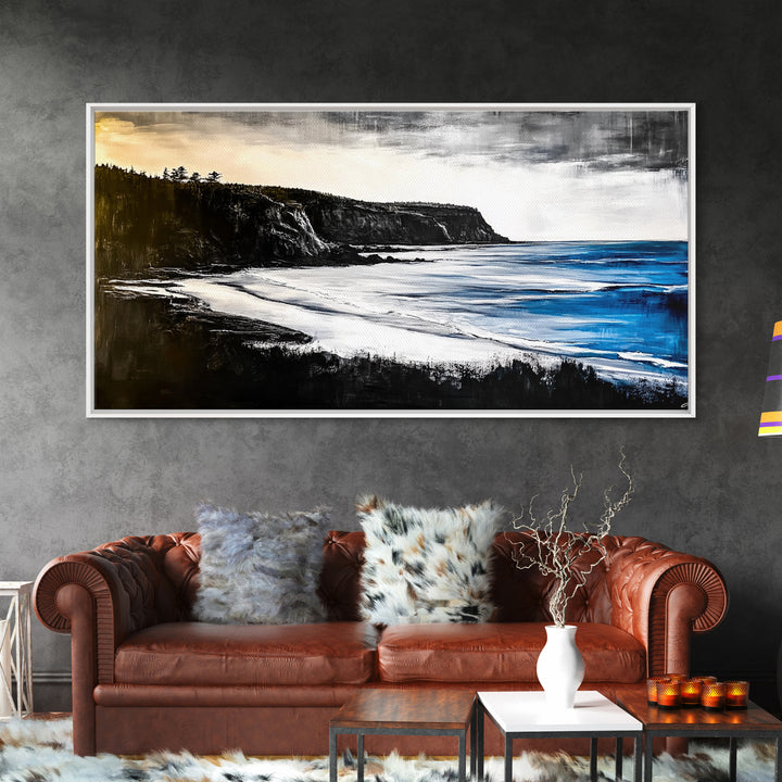 Cliffside Coast, Dramatic Seascape, Black and White Landscape, Ocean View, Modern Art, Living Room Decor, Framed Canvas Print, Coastal Home