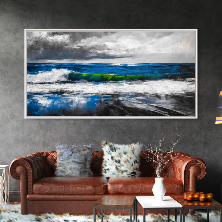 Blue Ocean, Stormy Seascape, Modern Coastal Art, Contemporary Painting, Large Beach Wall Art, Bedroom Decor, Framed Canvas Print, Gift Idea
