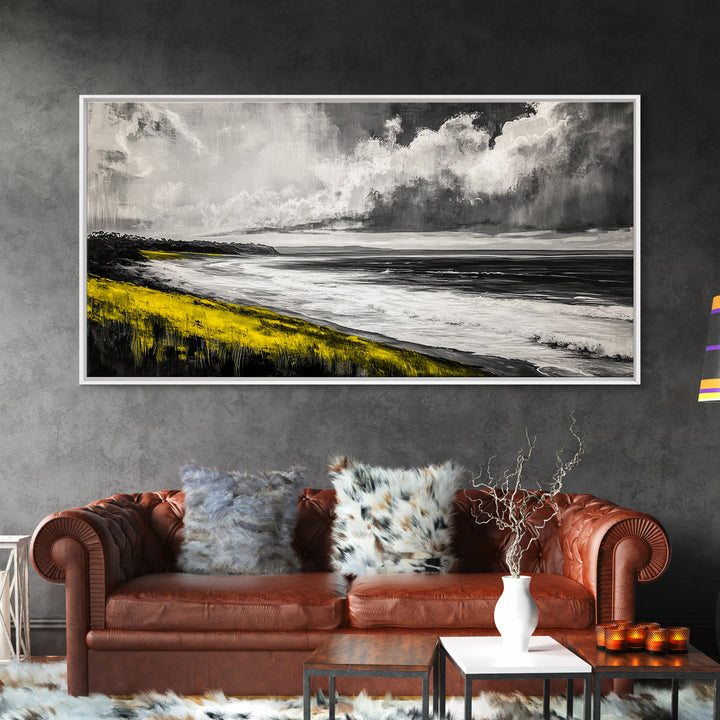 Coastal Horizon, Ocean Beach Art, Black and White Wall Decor, Dramatic Sky, Yellow Grass, Modern Landscape, Serene View, Framed Canvas Print
