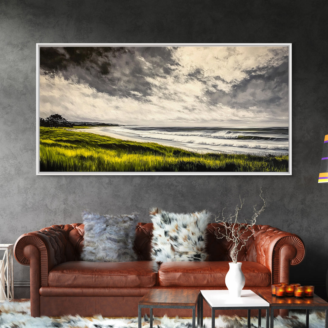 Seaside Serenity, Stormy Ocean, Beach Wall Art, Nature Inspired Decor, Moody Coastal Scene, Yellow Grass, Living Room Artwork, Canvas Print