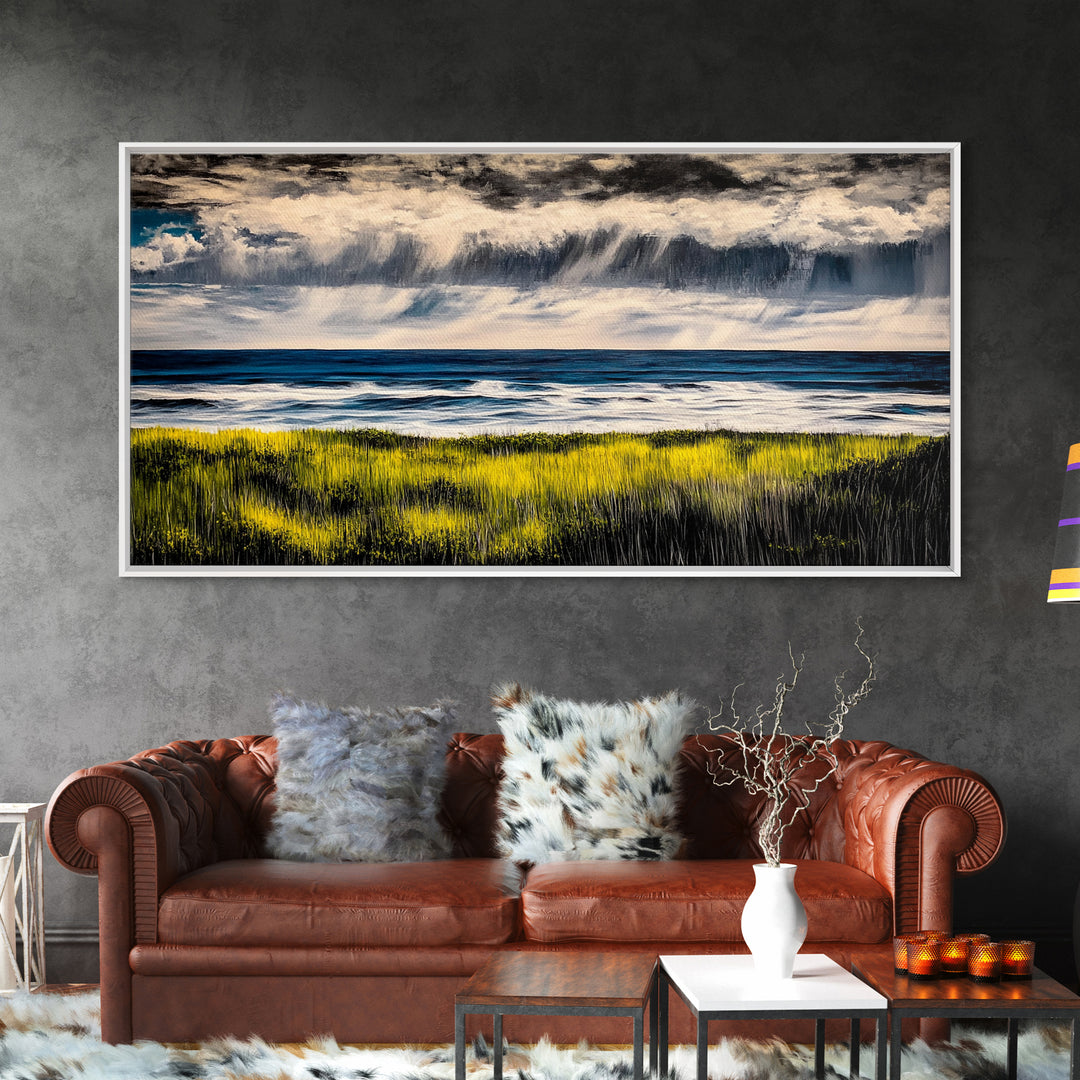 Rain Over Ocean, Blue Seascape, Beach House Decor, Coastal Art, Atmospheric Painting, Nature Inspired, Office Wall Art, Framed Canvas Print