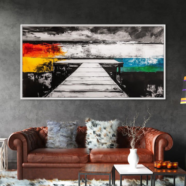 Pier to Infinity, Abstract Coastal Art, Black and White, Surreal Landscape, Minimalist Aesthetic, Nautical Decor, Framed Canvas Print
