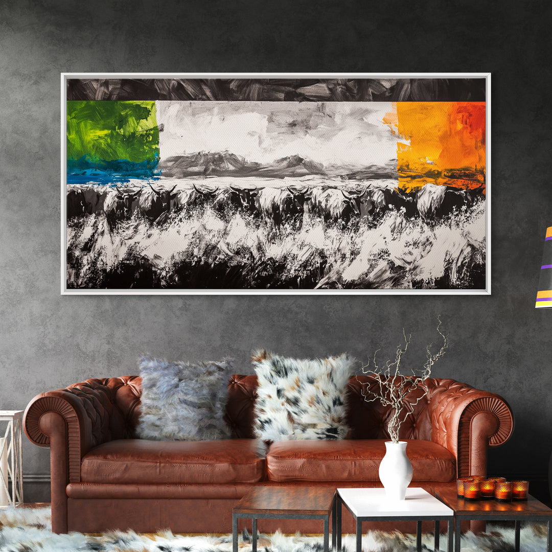 Abstract Cattle, Western Art, Colorful Farm Scene, Framed Canvas Print, Modern Ranch Wall Decor, Farmhouse Style, Rustic Artwork