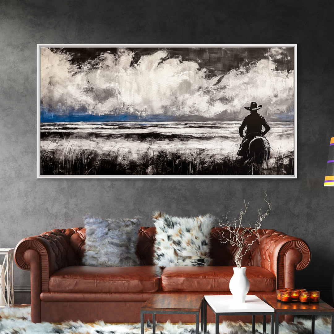 Cowboy Horizon, Western Landscape, Rustic Horse Rider, Framed Canvas Print, Southwestern Home Decor, Black and White Wall Art