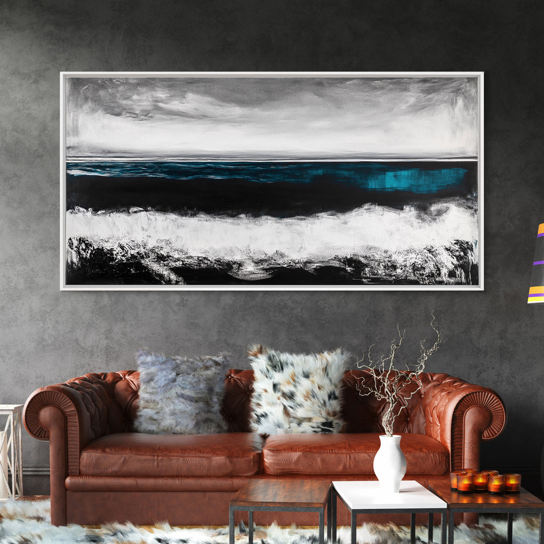 Ocean Horizon, Moody Seascape, Black and White Waves, Framed Canvas Print, Modern Coastal Wall Art, Beach House Decor, Minimalist Art