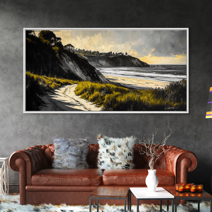 Coastal Path, Ocean View, Beach Sunset, Framed Canvas Print, Modern Wall Art, Landscape Painting, Living Room Art, Nautical Decor