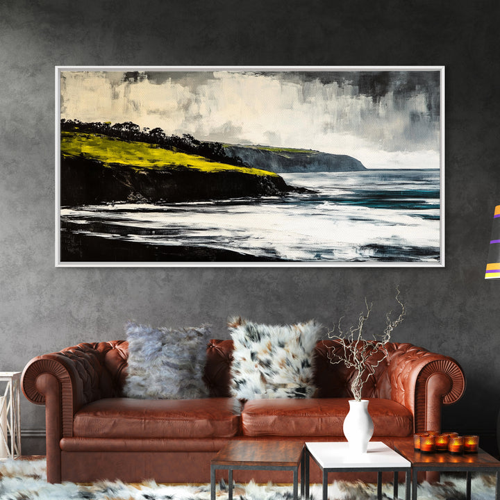 Ocean Cliffs, Misty Coastline, Stormy Sea, Canvas Print, Moody Seascape Art, Living Room Decor, Minimalist Wall Art, Nature Painting