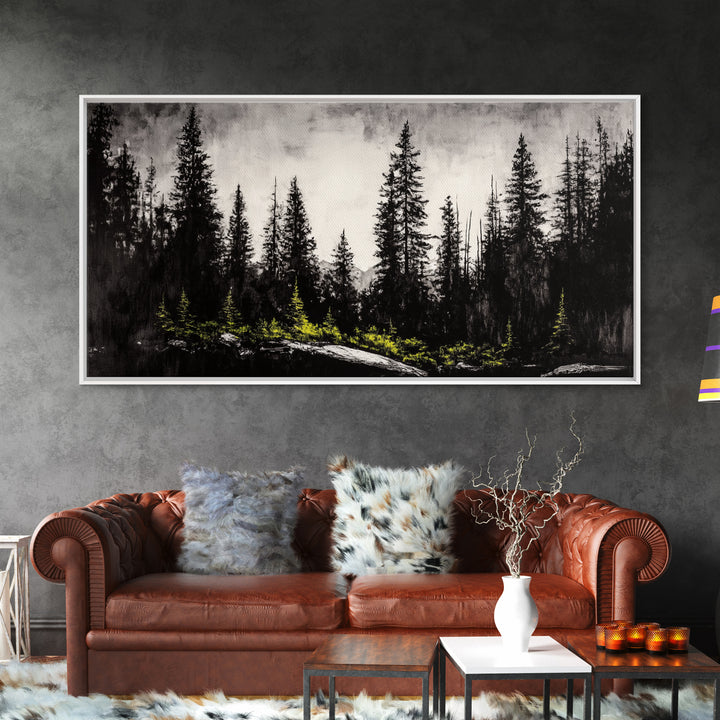 Black Forest, Dark Landscape, Modern Wall Art, Minimalist Nature, Moody Trees, Framed Canvas Print, Living Room Decor, Rustic Cabin Art