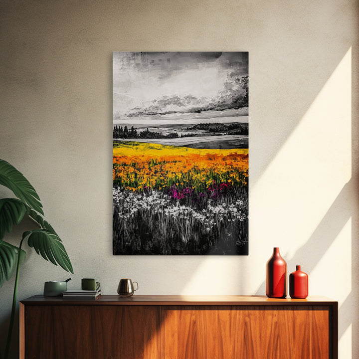 Black White Landscape, Yellow Wildflower Field, Nature Wall Art, Rustic Farmhouse Art, Country Home Decor, Office Art, Framed Canvas Print