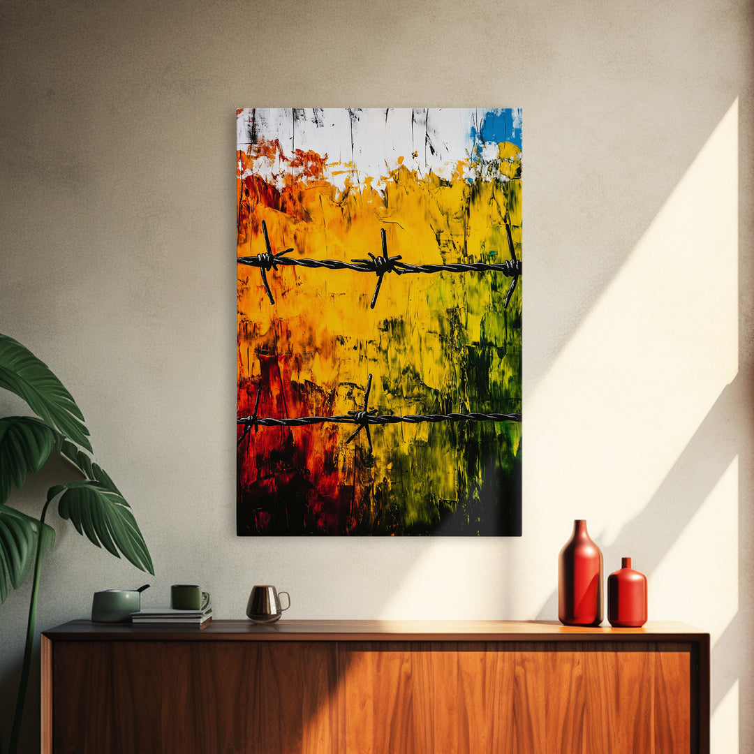Barbed Wire Wall Art, Red Yellow Green, Bold Abstract Painting, Modern Industrial Decor, Statement Piece, Office Wall Art, Canvas Print