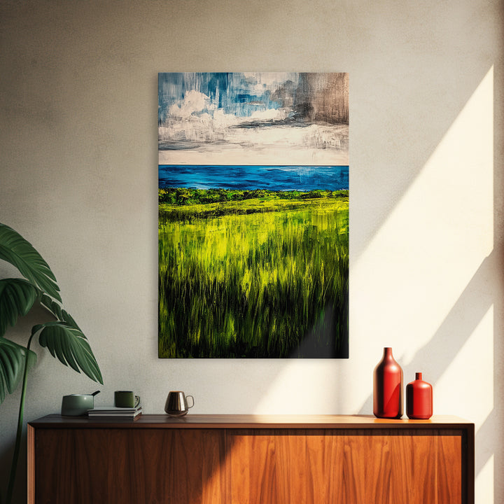 Coastal Landscape, Ocean View, Green Fields, Framed Canvas Print, Serene Wall Art, Nature Inspired, Tranquil Beach Decor, Modern Art