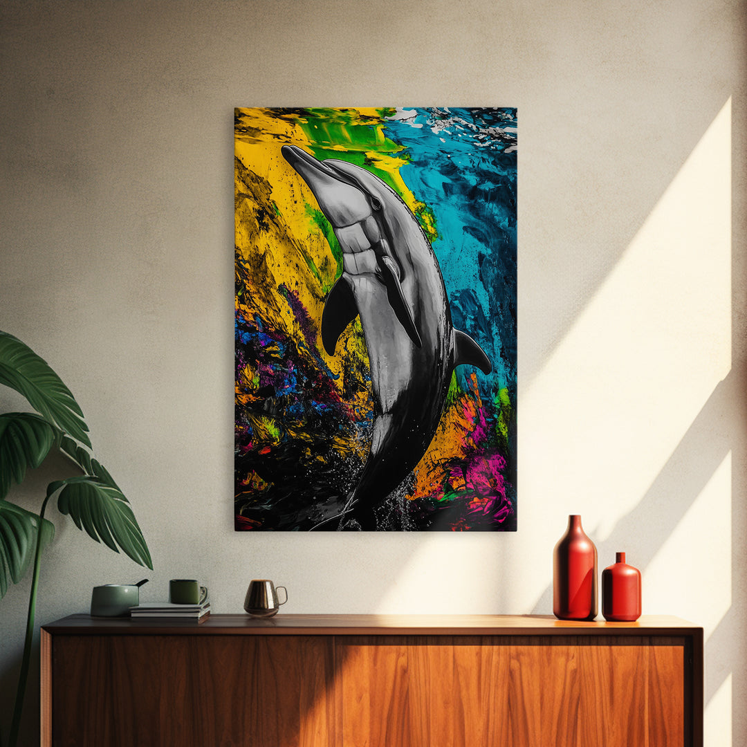 Dolphin Art, Vibrant Colors, Underwater Scene, Framed Canvas Print, Ocean Wall Decor, Marine Life Art, Coastal Vibes, Nautical Home Decor