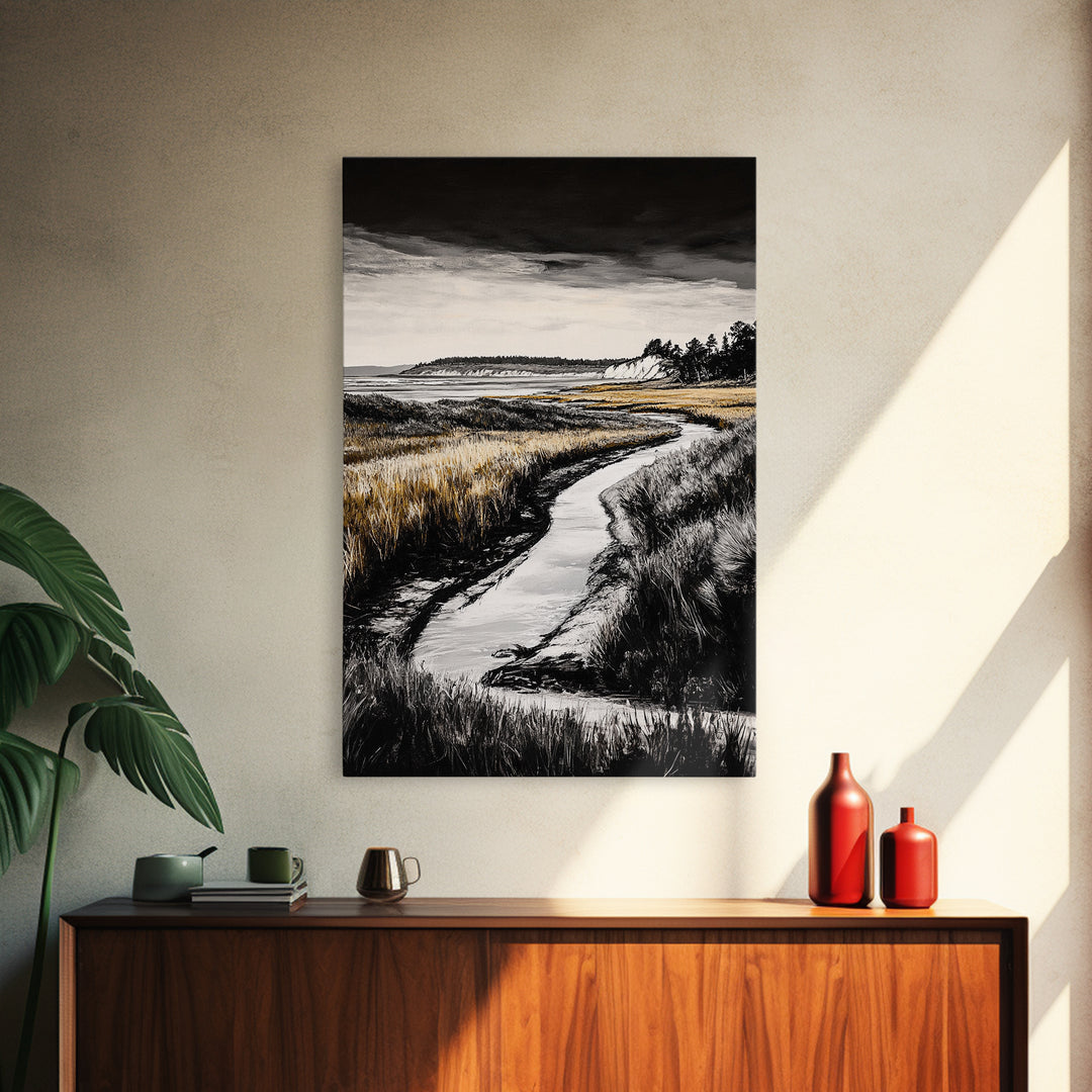 Coastal Landscape, Black and White, Framed Canvas Print, Nature Wall Art, Living Room Decor, Modern Farmhouse Art, Neutral Tones