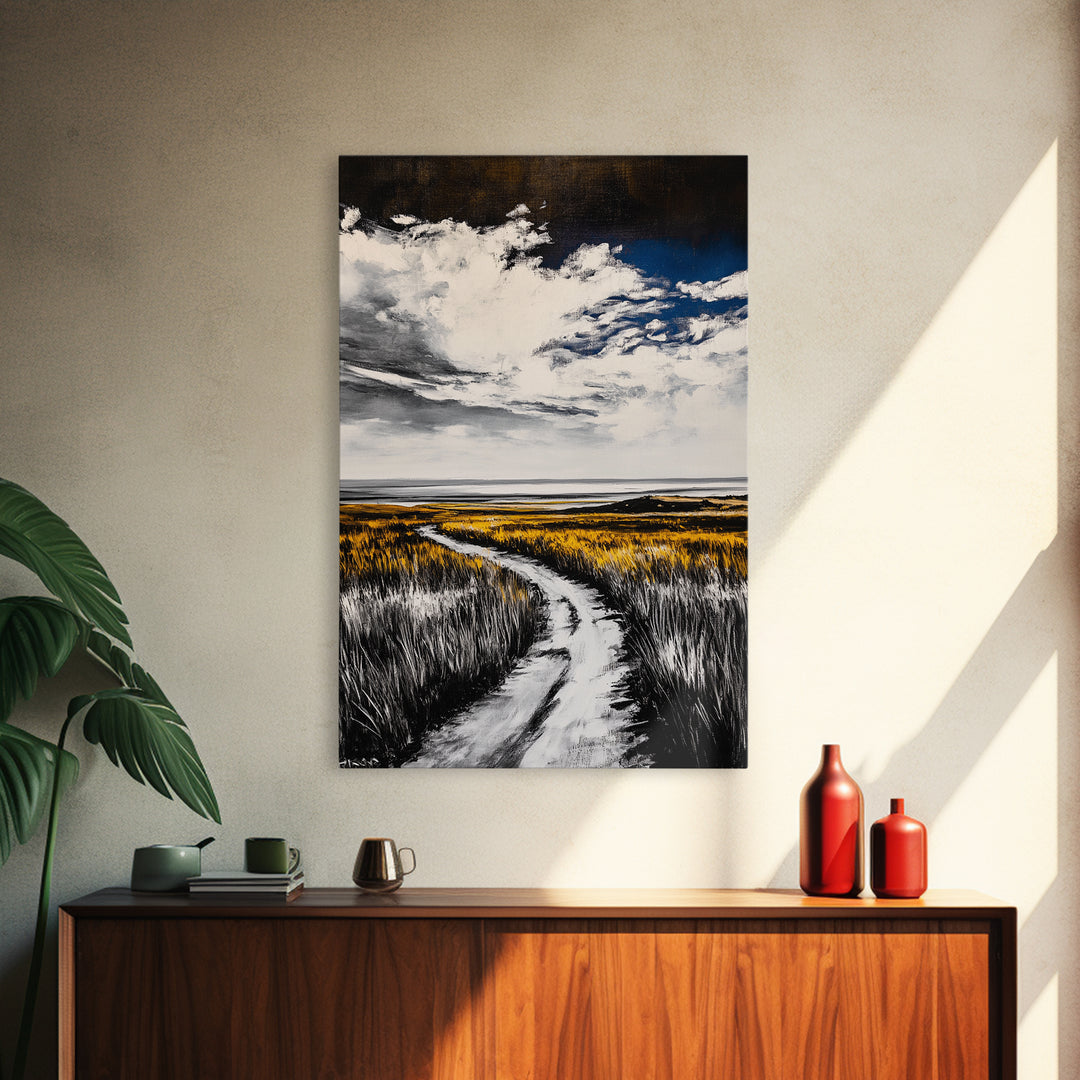 Pathway, Open Fields, Framed Canvas Print, Rustic Landscape, Countryside Decor, Farmhouse Wall Art, Neutral Tones, Home Gift Idea