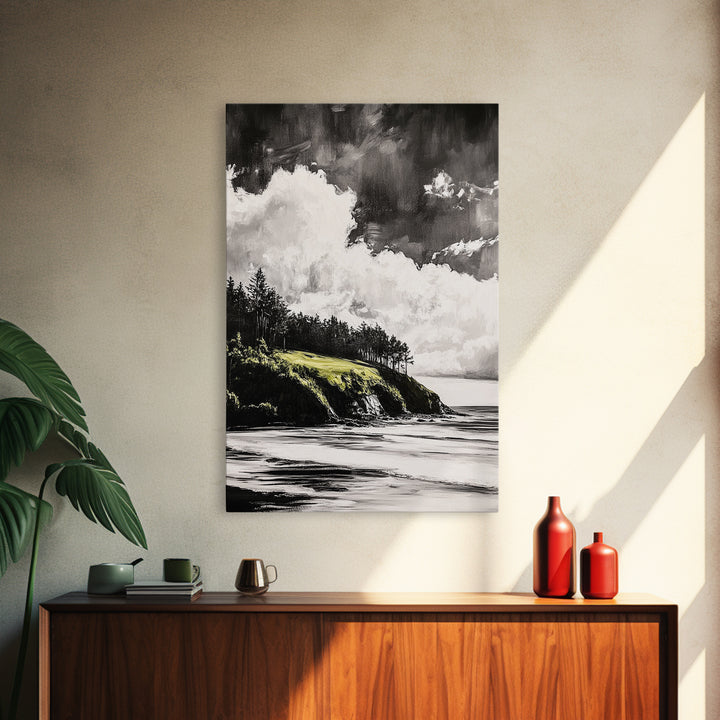 Coastal Cliffs, Black and White Landscape, Moody Sky Painting, Rustic Nature Wall Art, Office Decor, Framed Canvas Print