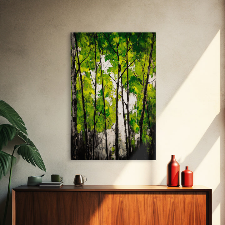 Birch Trees, Green Forest Art, Nature Landscape, Abstract Painting, Contemporary Wall Decor, Earthy Home Art, Framed Canvas Print