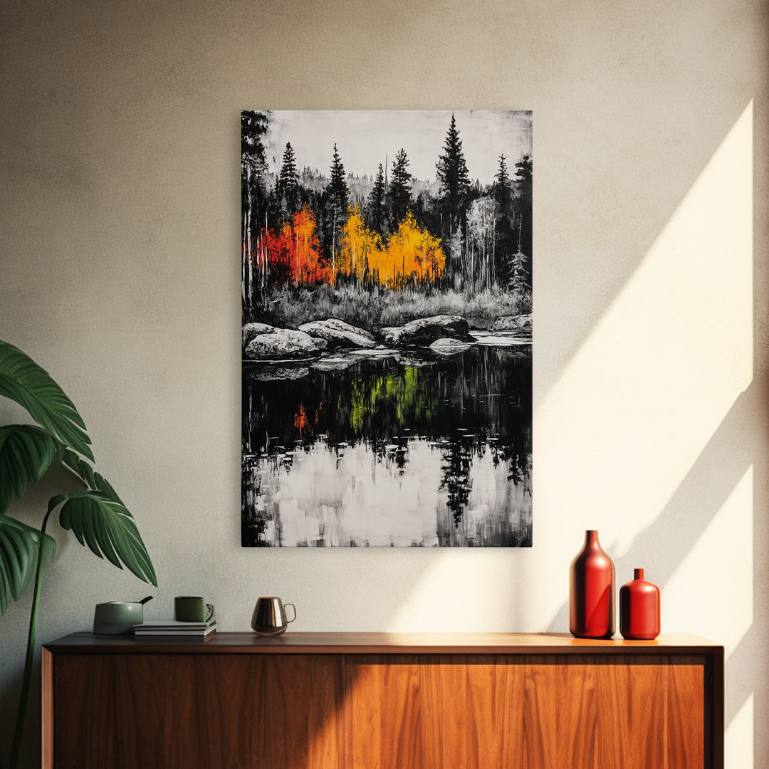 Autumn Reflection, Fall Forest Art, Lake Landscape, Vibrant Trees, Seasonal Painting, Warm Home Decor, Canvas Print