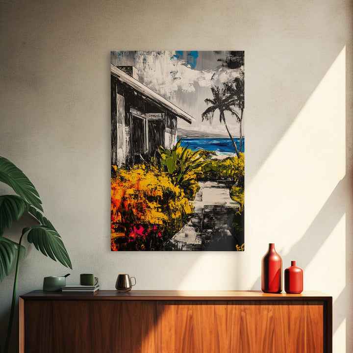 Beach House Path, Black White Coastal Art, Yellow Green Foliage, Tropical Landscape, Ocean Wall Decor, Beach Home, Framed Canvas Print