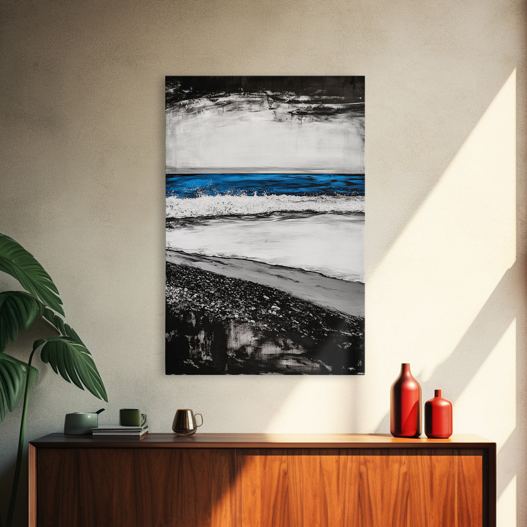 Coastal Shore, Beach Wall Art, Minimalist Seascape, Ocean Waves, Black and White Art, Nautical Decor, Relaxing Home Art, Canvas Print