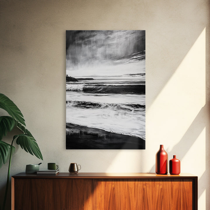 Black and White Waves, Ocean Painting, Dramatic Coastline, Minimalist Art, Framed Canvas Print, Modern Seascape, Contemporary Wall Art