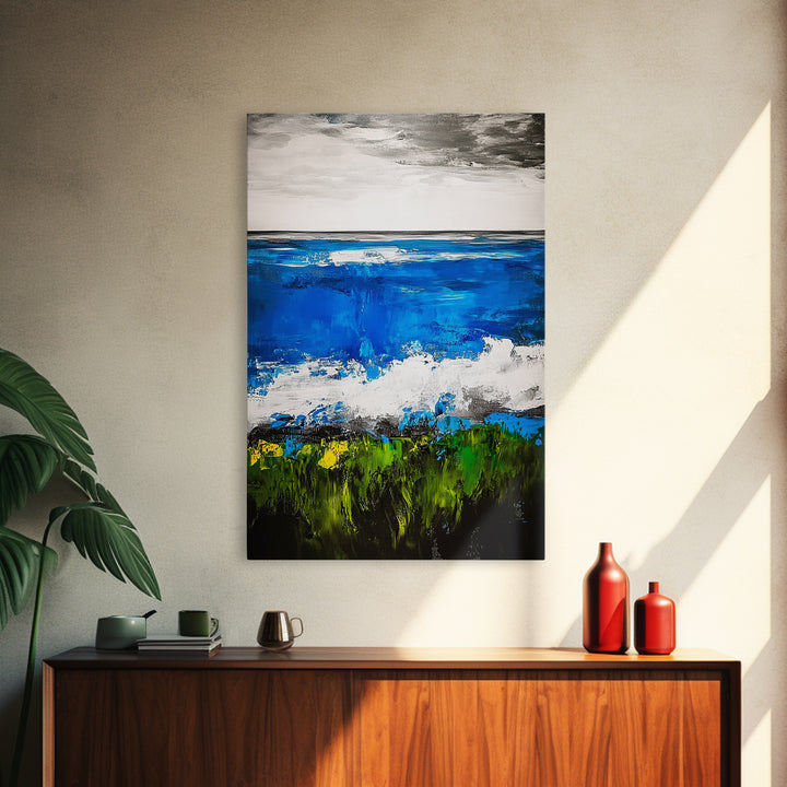 Abstract Ocean View, Blue Green Black White, Coastal Wall Art, Modern Beach Home Decor, Bold Statement Painting, Office Art, Canvas Print