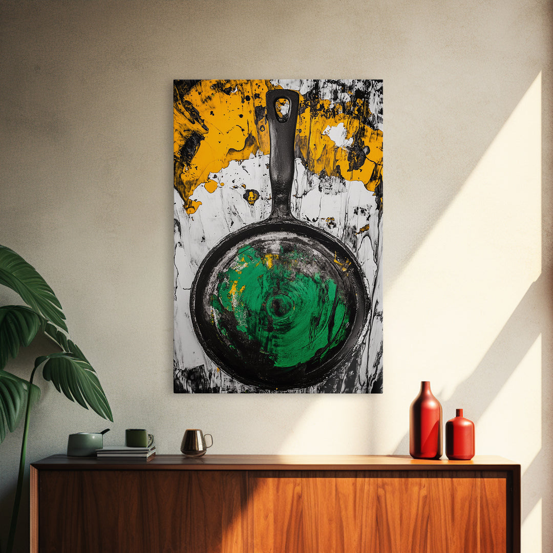 Abstract Frying Pan, Rustic Kitchen Art, Modern Industrial Wall Decor, Black Yellow Green Art, Unique Foodie Gift, Canvas Print
