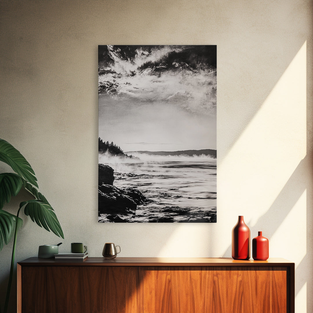 Coastal Mist, Moody Seascape, Black and White Ocean, Nautical Wall Art, Minimalist Decor, Living Room Art, Canvas Print, Gift Idea