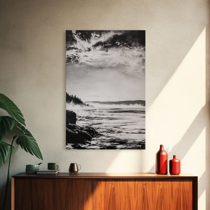 Coastal Mist, Moody Seascape, Black and White Ocean, Nautical Wall Art, Minimalist Decor, Living Room Art, Canvas Print, Gift Idea