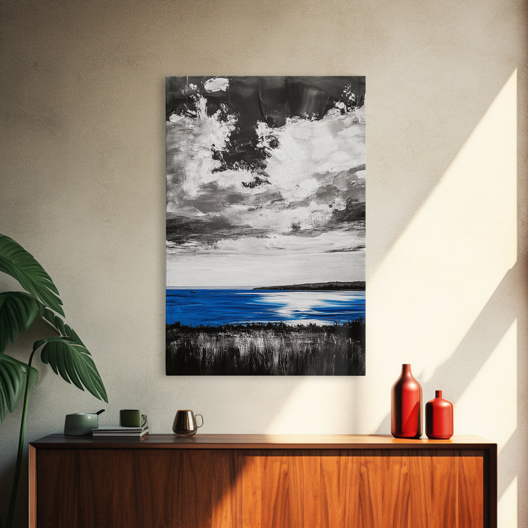 Blue Horizon, Ocean Landscape, Coastal Wall Art, Black and White Sky, Beach House Decor, Modern Art, Framed Canvas Print, Tranquil Design