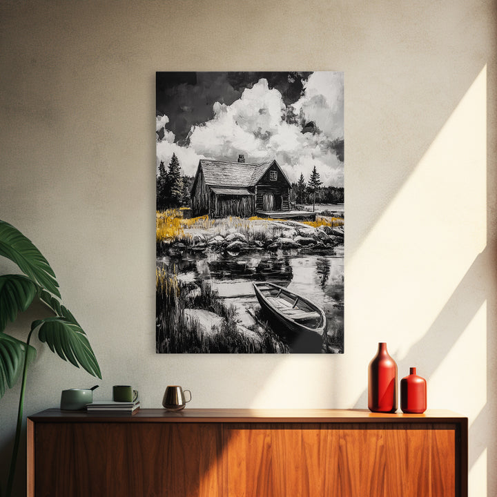 Cabin Reflection, Rustic Home Art, Log House Painting, Tranquil Lake, Country Home Wall Decor, Framed Canvas Print, Nature Lover Gift