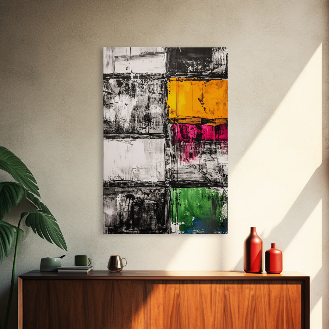 Abstract Modern Art, Black White Geometric, Yellow Red Green Blocks, Minimalist Wall Decor, Office Art, Mid Century Style, Canvas Print