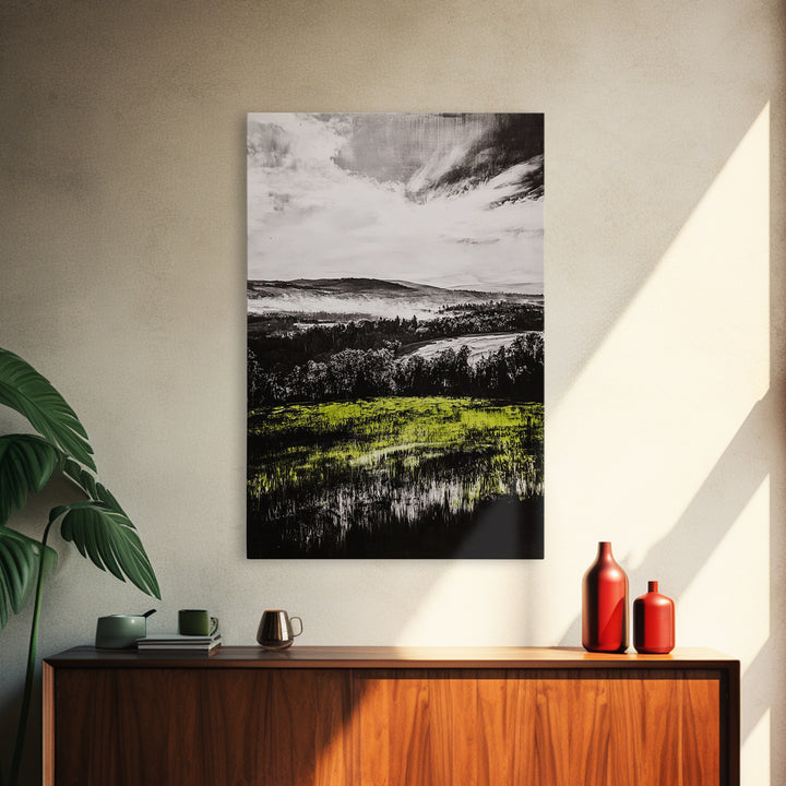 Rolling Hills, Nature Landscape, Canvas Print, Black White Green Art, Farmhouse Decor, Rustic Wall Art, Bedroom Decor, Fall Home Art