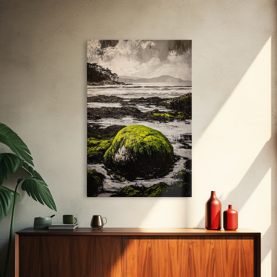 Coastal Rocks, Mossy Shore, Framed Canvas Print, Ocean Landscape, Beach House Wall Art, Nautical Decor, Green Nature, Relaxing Art