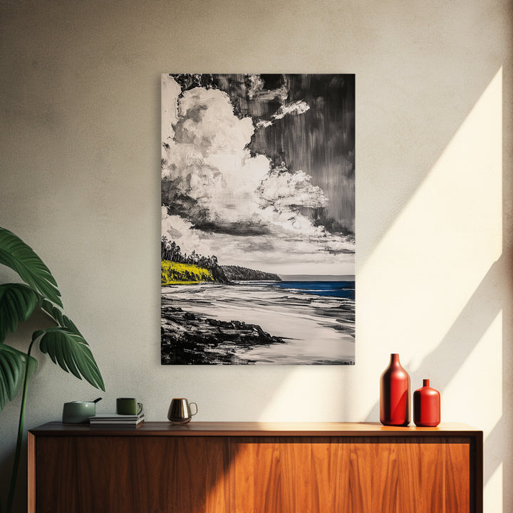 Cliffside View, Ocean Horizon, Cloudy Sky, Framed Canvas Print, Beach House Decor, Monochrome Wall Art, Relaxing Scenery