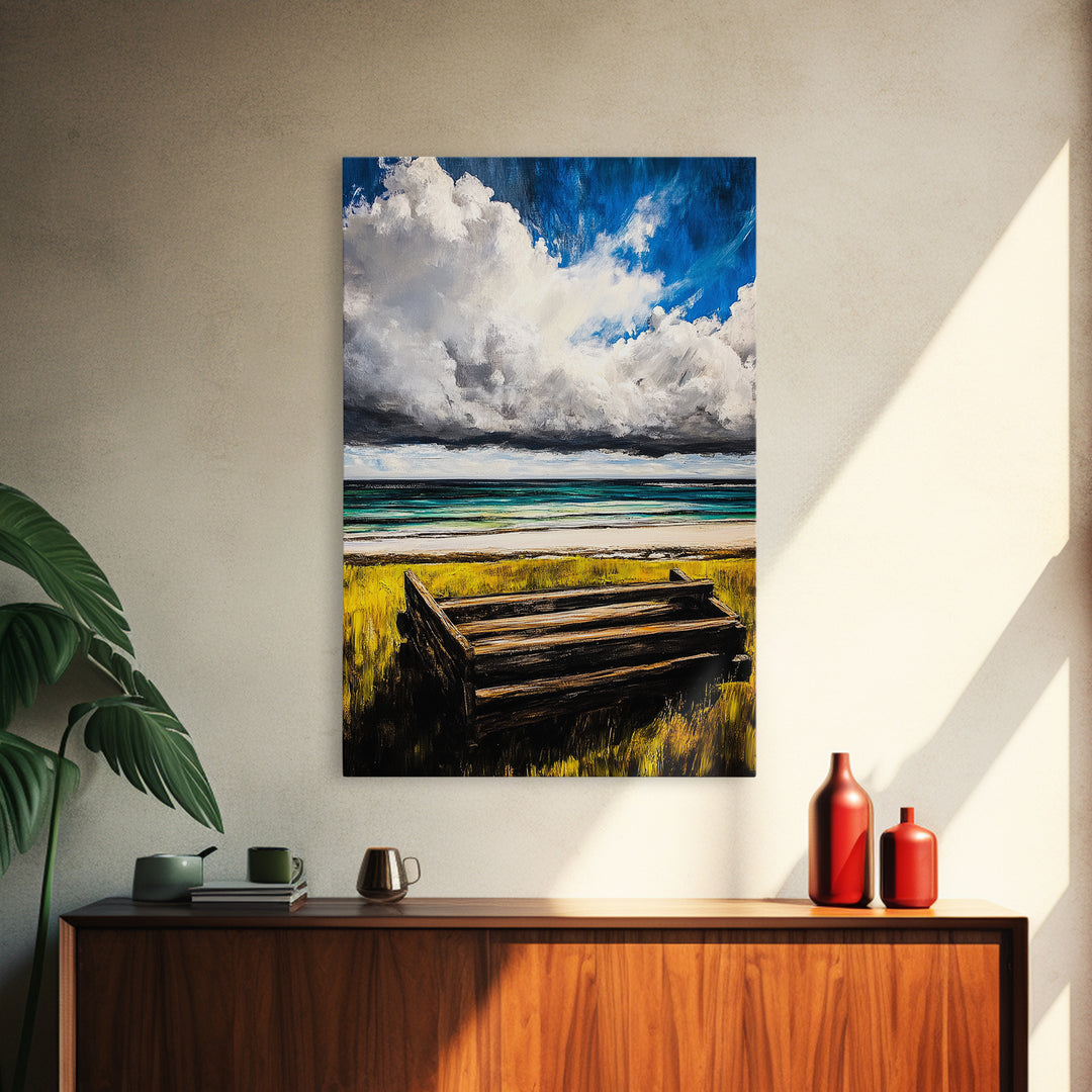 Ocean Bench, Coastal Landscape Art, Beach House Wall Decor, Relaxing Seaside Scene, Serene Water View, Framed Canvas Print