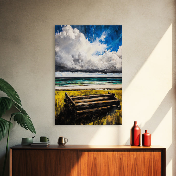 Ocean Bench, Coastal Landscape Art, Beach House Wall Decor, Relaxing Seaside Scene, Serene Water View, Framed Canvas Print