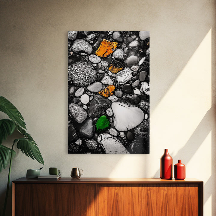 River Pebbles, nature-inspired art, stone texture decor, minimal wall art, earthy tones painting, framed canvas print, bathroom decor