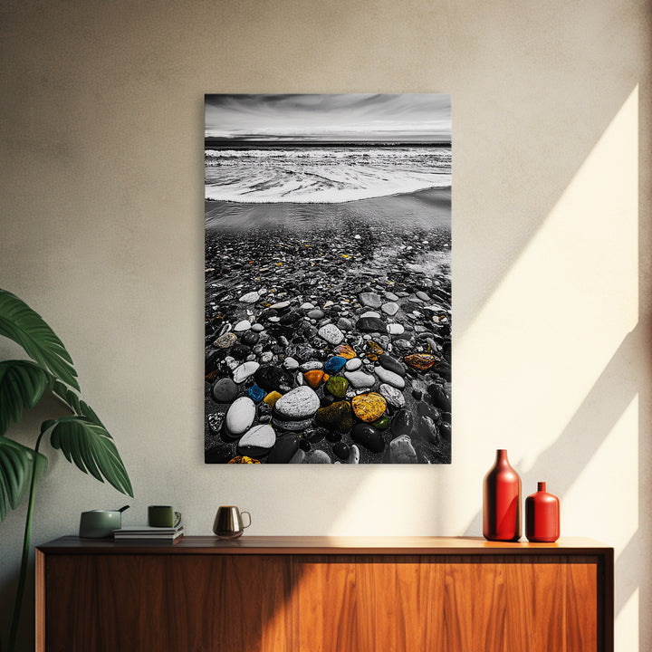 Ocean Pebbles Shoreline, coastal home decor, beach stone art, nautical wall print, calming wave painting, framed canvas print, bedroom art