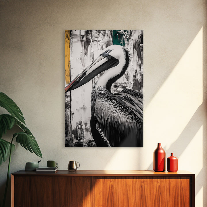 Pelican Portrait, wildlife wall art, coastal nature painting, black and white bird decor, modern beach house print, framed canvas print