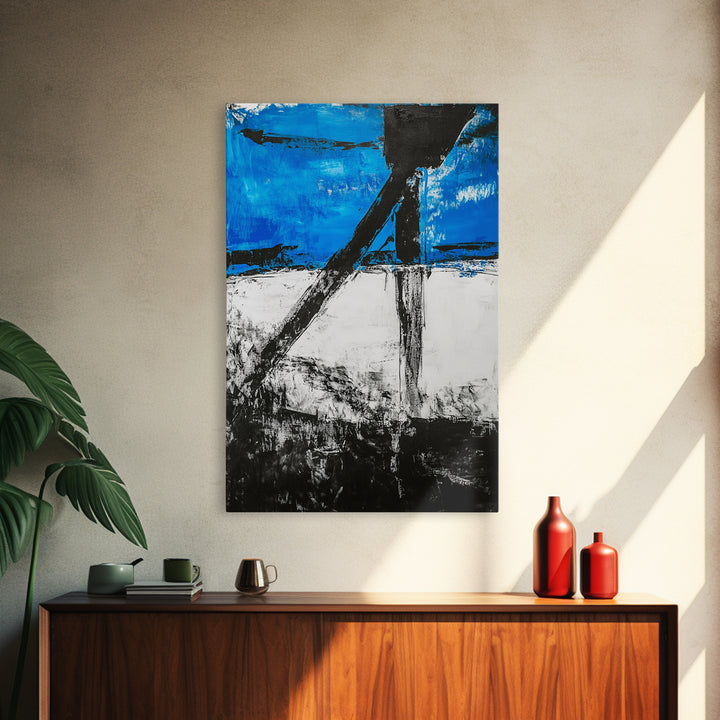 Abstract Blue Horizon, modern minimalist art, bold blue painting, industrial decor, expressive wall art, framed canvas print, office wall