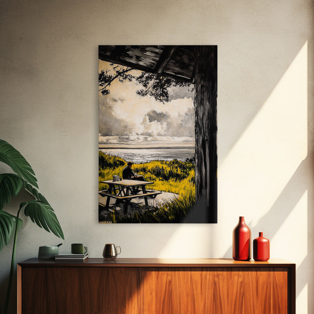 Ocean View Picnic, relaxing landscape painting, coastal art, peaceful nature scene, countryside decor, framed canvas print, living room