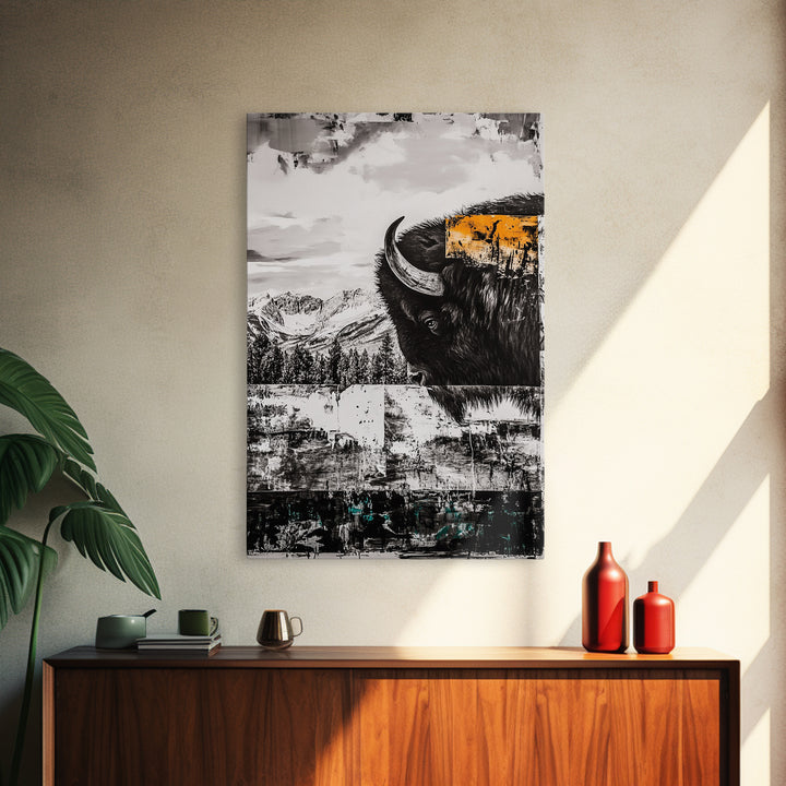 Buffalo Portrait, Western Art, Rustic Cabin Wall Decor, Wildlife Art, Black and White Animal Painting, Nature Scene, Canvas Print