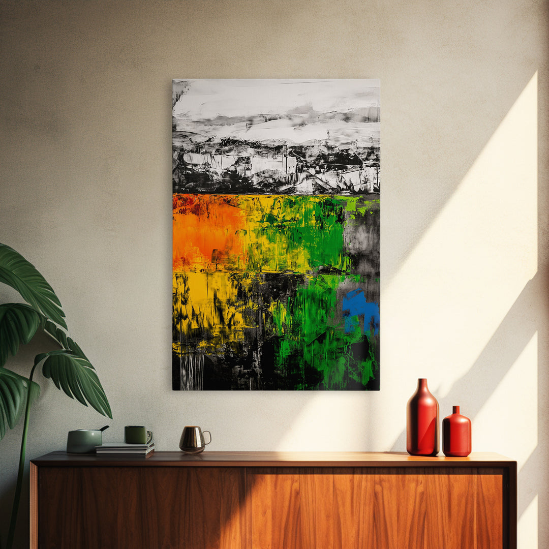 Bold Earthy Abstract, Green Yellow Orange, Framed Canvas Print, Rustic Wall Art, Living Room Decor, Textured Home Accent