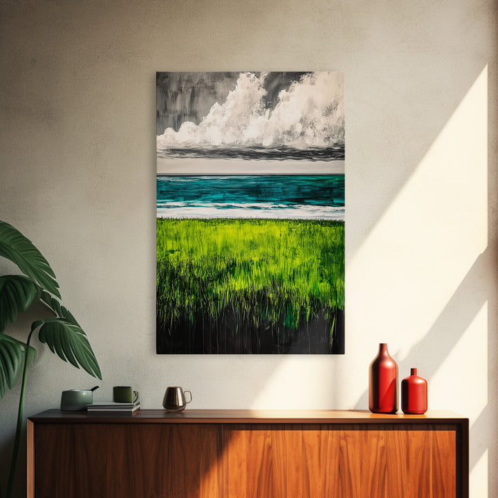 Coastal Landscape Art, Green Blue Ocean, Canvas Print, Serene Beach Wall Decor, Minimalist Nature Painting, Tranquil Home Accent