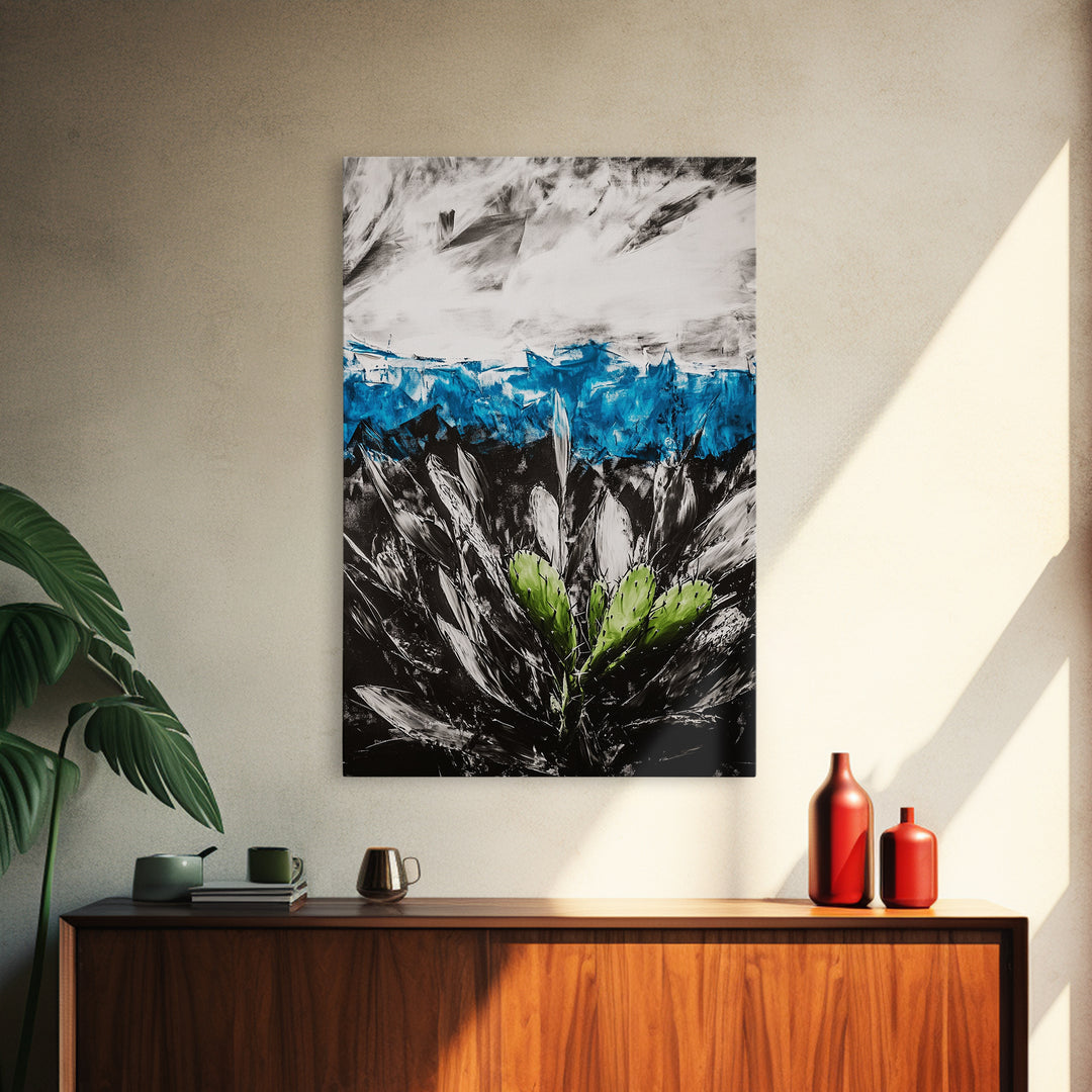 Desert Cactus Painting, Blue Sky Black White, Framed Canvas Print, Modern Southwest Art, Rustic Wall Decor, Minimalist Nature Art