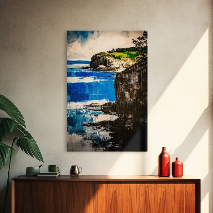 Coastal Cliff, Ocean Canvas Print, Nature Wall Art, Beach House Decor, Seascape Painting, Vibrant Blue Green Artwork, Office Art