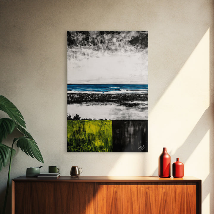 Ocean Horizon, Modern Seascape, Coastal Wall Art, Blue Waters, Black and White Art, Framed Canvas Print, Living Room Decor, Minimalist Art