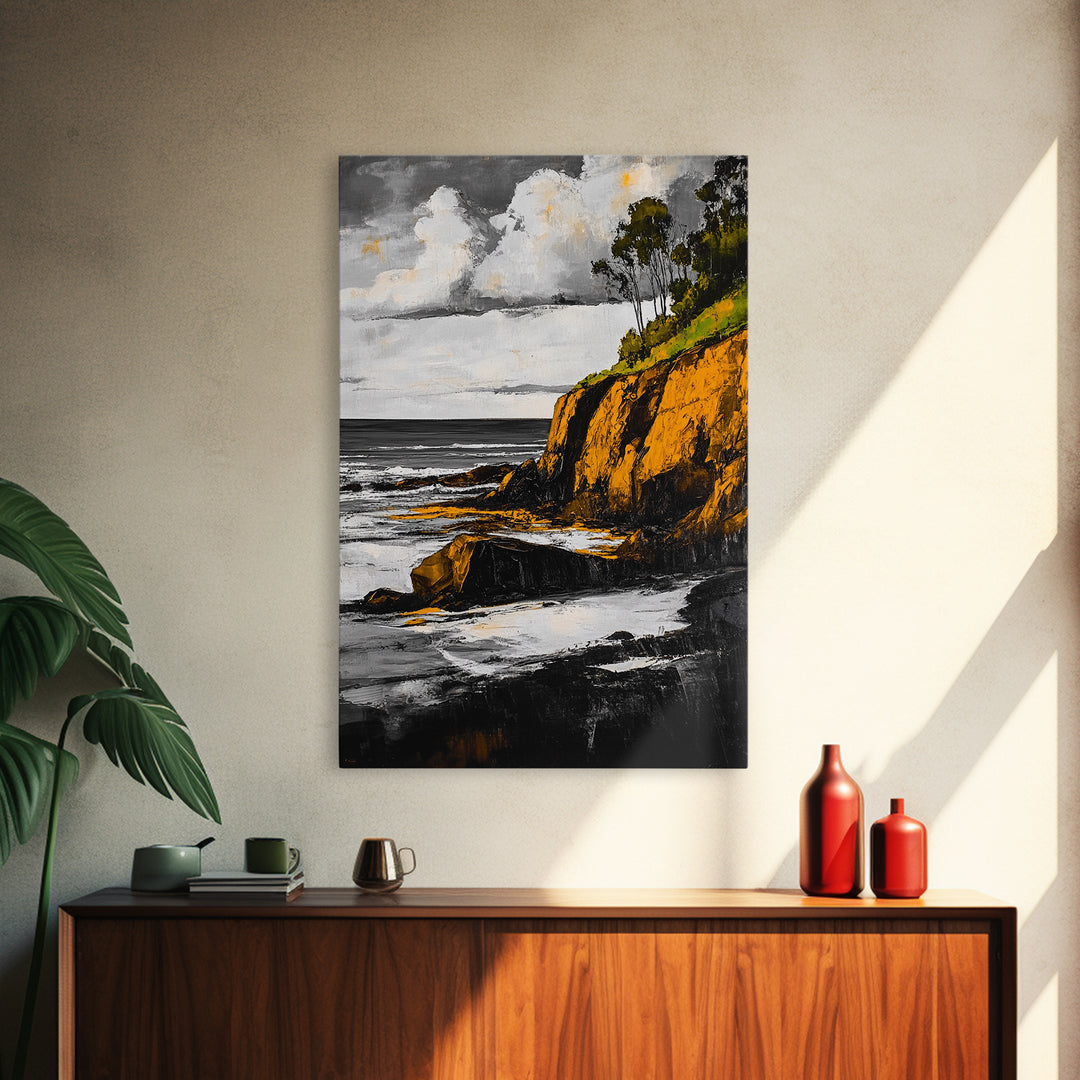 Ocean Cliffs, Coastal Landscape, Golden Tones, Black and White Seascape, Framed Canvas Print, Beach House Wall Art, Office Wall Decor